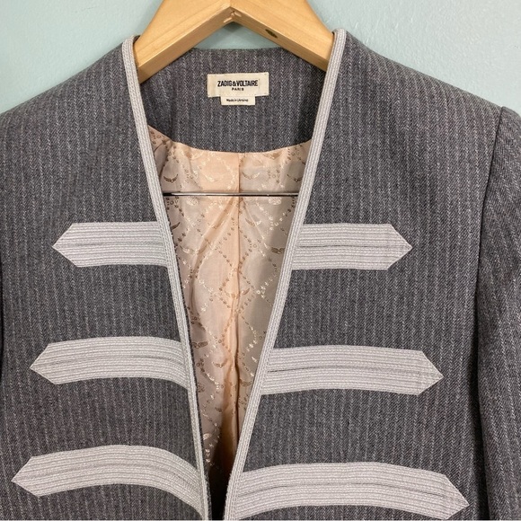 Zadig & Voltaire Ville Military Blazer Gray Silver Sz 6 - Picture 2 of 6